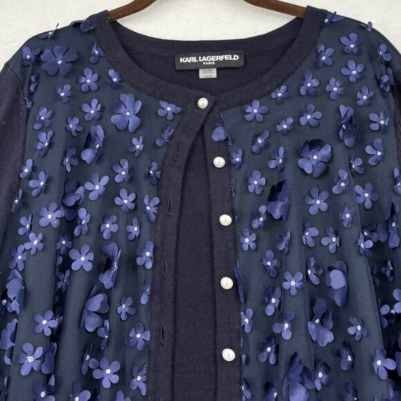 Karl Lagerfeld Paris Cardigan Sweater Size L Blue Sheer Front 3D Flowers - Picture 2 of 12